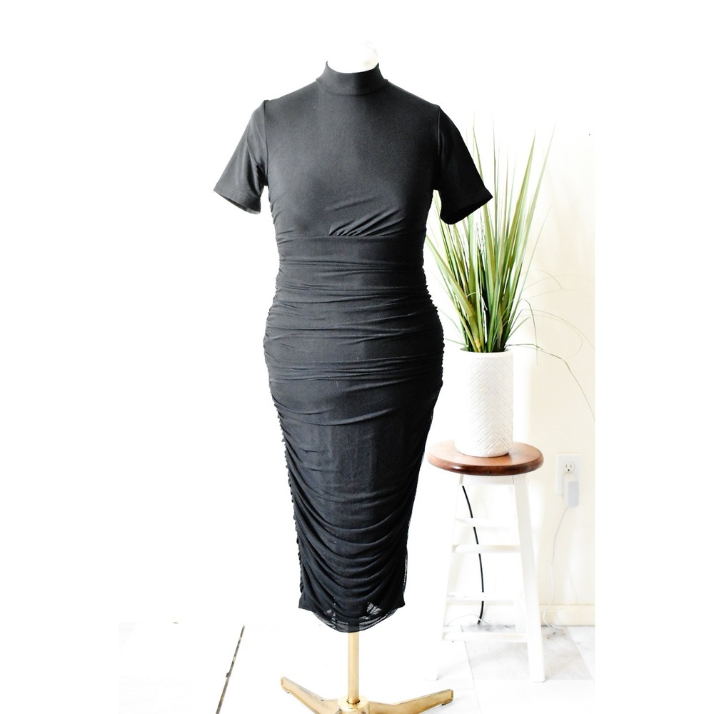 Ruched Bodycon Midi Dress Womens Size Large Black Modern Mock Neck